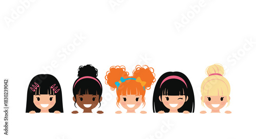 Five diverse cartoon girls peeking over a white border with different hairstyles and hair colors.