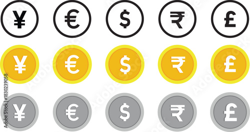 Set of currency symbols dollar, euro, pound, yen, won, rupee, franc, bitcoin, lira, ruble icon vector. Popular international currency sign isolated on transparent background. Vector illustration