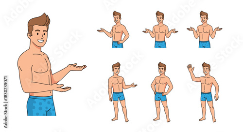 Collection of diverse poses by a smiling shirtless man in blue patterned swim trunks.