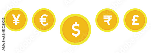 Set of currency symbols dollar, euro, pound, yen, won, rupee, franc, bitcoin, lira, ruble icon vector. Popular international currency sign isolated on transparent background. Vector illustration