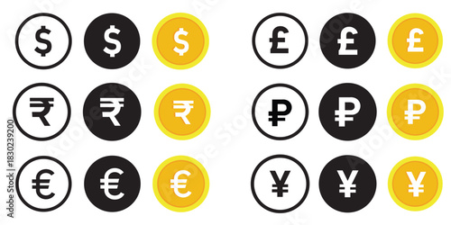 Currency symbols icons set. Vector illustration of coins with international currency symbols. Dollar, Euro, Pound, Rupee, Franc, Ruble, Yen, Won, Lira, Riyal, New shekel, Baht, Colon, Peso,
