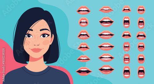 Cartoon woman with various mouth expressions, used for animation and design.