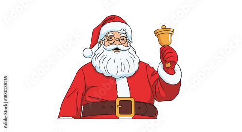 Illustration of a cheerful Santa Claus ringing a golden bell with a smile.