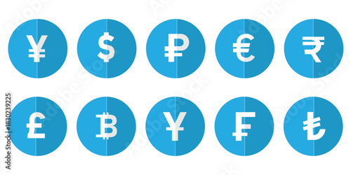 Currency symbols icons set. Vector illustration of coins with international currency symbols. Dollar, Euro, Pound, Rupee, Franc, Ruble, Yen, Won, Lira, Riyal, New shekel, Baht, Colon, Peso,