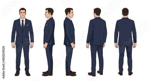 A man wearing a dark blue suit is shown from five different angles: front, side, and back views.
