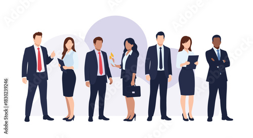 A diverse group of business professionals stands together in a line, ready for a meeting.