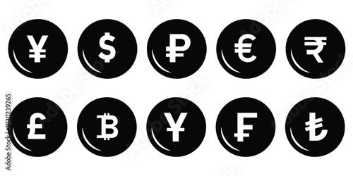 Currency symbols icons set. Vector illustration of coins with international currency symbols. Dollar, Euro, Pound, Rupee, Franc, Ruble, Yen, Won, Lira, Riyal, New shekel, Baht, Colon, Peso,