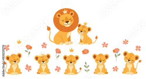 Cute lion family with cubs and flowers in a gentle illustration.