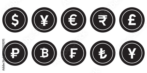 Set of four major currency symbols: Dollar, Euro, Pound Sterling, and Yen/Yuan, depicted as black icons in circles, representing global finance, banking, international trade, and money