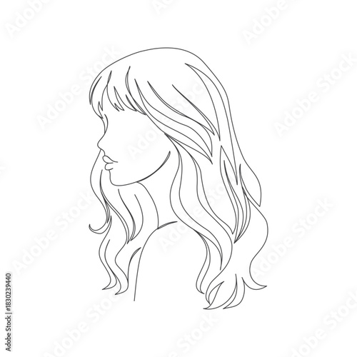 Continous line art woman  side profile with long wavy hair and soft fringe, stylish salon outline