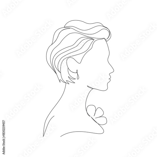 Continous line art woman  side profile female with sculpted short wavy hairstyle, elegant and simple