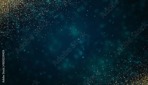 Elegant dark teal background with a frame of golden glitter dust particles creating a magical and festive atmosphere for a luxury design concept © ragil