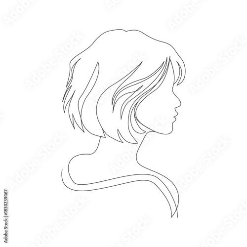 Continous line art woman side face  short wavy hair partially tucked behind ear