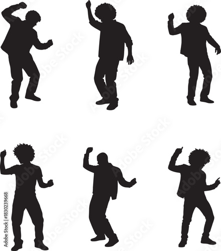 Silhouetted figures dancing with joyful expressions in various dynamic poses