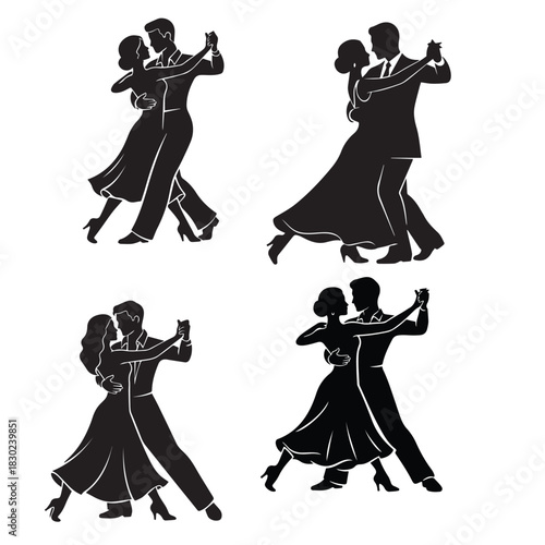 Flat black silhouette of romantic couple dancing vector clipart for love valentine partner people illustration design