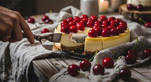 A person's hand slicing a delicious homemade cheesecake topped with fresh red cherries on a rustic wooden table.