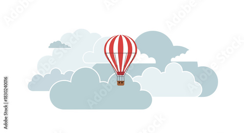 Vibrant hot air balloon soaring gracefully above a serene cloudscape, symbolizing adventure, freedom, and dreams of boundless exploration in a flat vector style