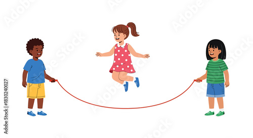 Happy multicultural children playing jump rope together. A diverse group of friends, two girls and a boy, enjoying active outdoor fun