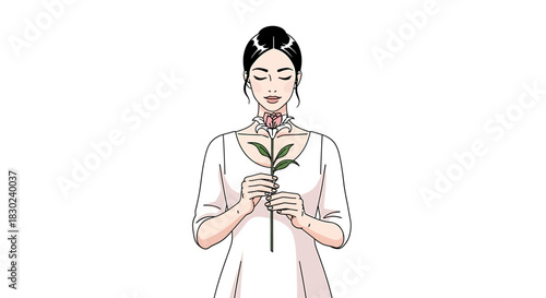 Elegant woman in a pure white dress delicately holds a vibrant green plant, eyes softly closed in a serene moment of introspection and natural harmony
