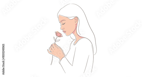 A serene woman with fair skin gently smelling a pink rose, captured in a minimalist, clean line art style with delicate hues