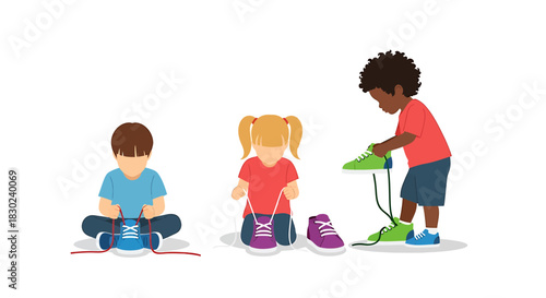 Children Learning to Tie Shoes A Step-by-Step Educational Illustration