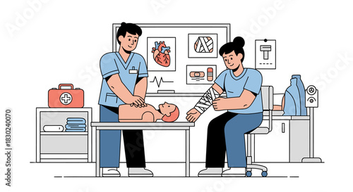 Medical Training Session Learning CPR and First Aid Techniques on a Training Dummy