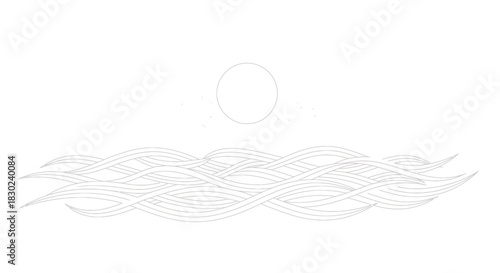 Minimalist line art illustration featuring gentle ocean waves beneath a tranquil celestial orb, evoking a sense of calm and natural harmony through its flowing design