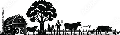 Detailed Agricultural Landscape Silhouette Banner with Farmer, Barn, and Assorted Livestock, Rural Scene with Domestic Animals and Tree Vector Illustration, Farming and Countryside Life Concept