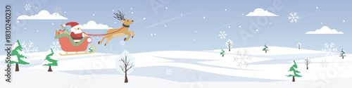 Santa Claus on a sleigh with reindeer and gifts for the children. Flying in the snow.  Trees growing everywhere. Under a calm sky with stars shining and shooting stars. For banner background.