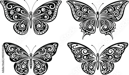 Elegant Black and White Ornate Butterfly Tattoo Set, Decorative Flying Insect Silhouette Collection, Swirl Scrollwork Wings Vector Illustration Pack, Intricate Monochromatic Design.