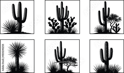 Desert Cactus and Succulent Plants Silhouette Set, Southwest Landscape Vector Collection with Saguaro, Yucca, and Agave, Monochrome Botanical Graphics for Nature Design