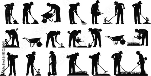 Extensive Collection of Black Gardener Silhouettes in Various Poses, Working with Shovels, Rakes, Wheelbarrows, and Watering Cans, Representing Farming and Manual Labor Vector.