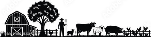 Farmer and Domestic Farm Animals Silhouette Scene, Agriculture Landscape with Barn, Tree, and Livestock, Monochromatic Farming Life Vector Banner, Rural Industry Concept Illustration