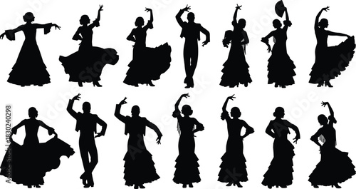 Flamenco Dancers Silhouette Vector Illustration Set, Spanish Dance Performers Posing in Traditional Costumes, Dynamic Group of Male and Female Figures for Culture and Entertainment Graphics