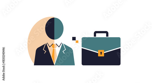 Simple flat icon representing a business professional in a suit next to a briefcase, isolated on
