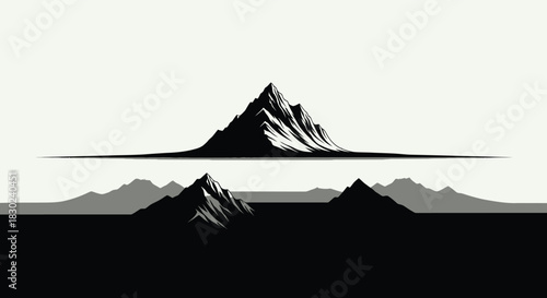 Minimalist black and white vector graphic featuring a central mountain peak with distinct shading and lower layered terrain, isolated on