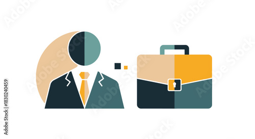 Flat design icon representing a professional silhouette in a suit next to a briefcase, symbolizing career, job application, or business transfer, isolated on