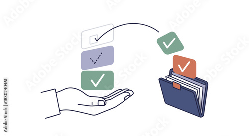 Line art illustration showing a hand offering checklist items that transition into checked documents being placed into a folder, symbolizing task completion and organization, isolated on