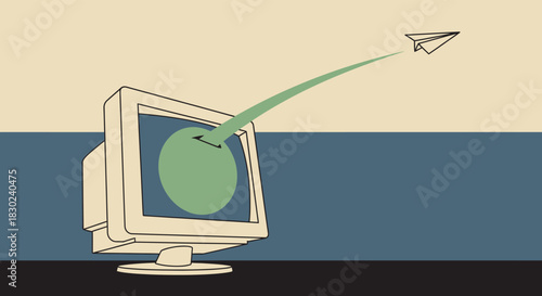 Old computer monitor with a paper airplane emerging from the screen on a curved path, representing digital message transmission or sending