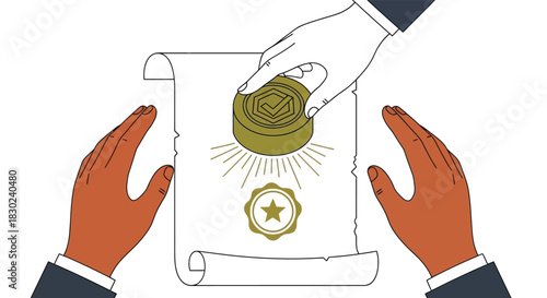 Two hands holding a parchment document receiving a large official seal or stamp with a checkmark, symbolizing approval or certification, isolated on