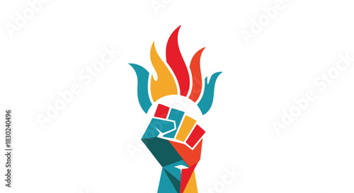 Colorful raised fist icon with stylized flame and abstract shape above, symbolizing power, revolution, and passionate energy, isolated on