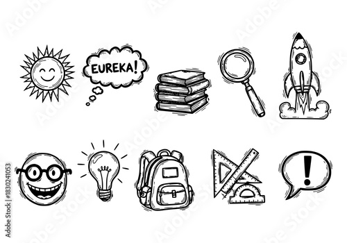 A collection of hand-drawn icons representing education, creativity, and scientific discovery, including a rocket, graduation cap, lightbulb, and microscope.