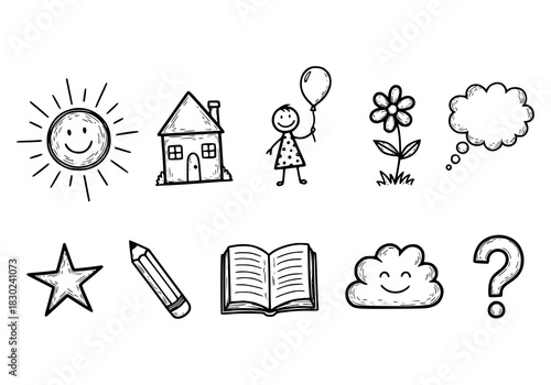 A collection of hand-drawn icons representing education, creativity, and scientific discovery, including a rocket, graduation cap, lightbulb, and microscope.
