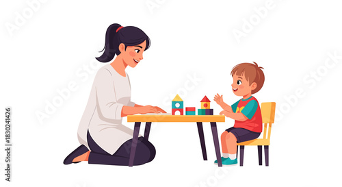 Mother and Child Playing with Blocks A Joyful Illustration of Early Childhood Education