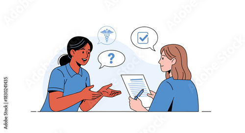 Two women discussing and reviewing a document together, with medical and question icons