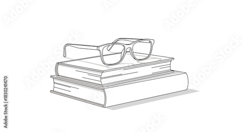 Stack of books with eyeglasses on top, symbolizing knowledge, education, and reading in a minimalist outline style
