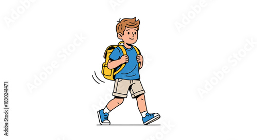 Cheerful cartoon boy with a yellow backpack walking confidently, ready for school or a new adventure, symbolizing youth, education, and active childhood with a bright, friendly smile