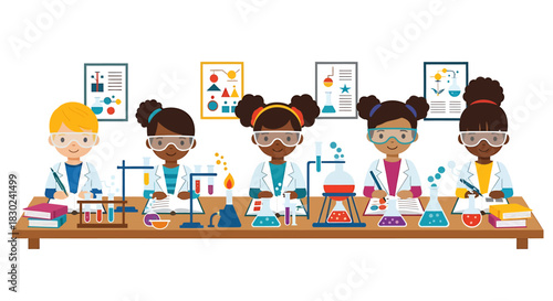 Children engaging in scientific experiments in a laboratory setting with beakers, test tubes, and equipment