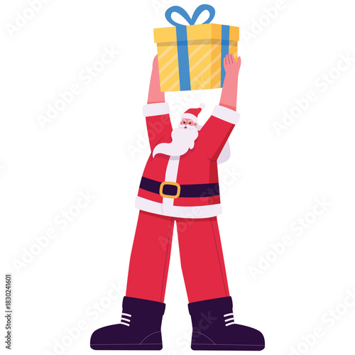 Santa Clause CharacterSanta raises a large wrapped present overhead, cheerful giving moment for sales, charity, and seasonal celebration designs. Isolated on background