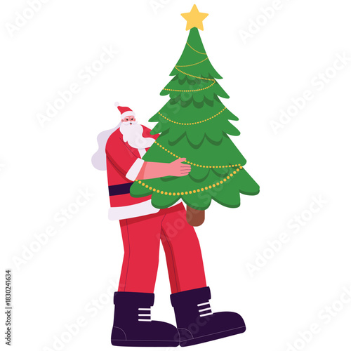 Santa Clause CharacterSanta hugs a decorated Christmas tree with star and garland, festive winter character for holiday greetings and promotions. Isolated on background